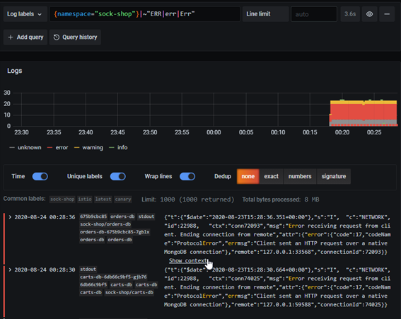 Visualization of logs aggregated in Loki (labels can be displayed and search function of logs can be checked)