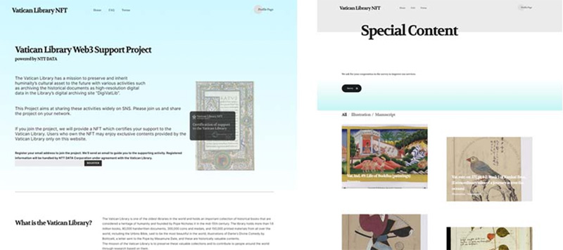 Figure1：「website for supporters」 Left：top page, Right：Contents viewing page（High-resolution images and explanatory text created by the Vatican Library will be displayed）