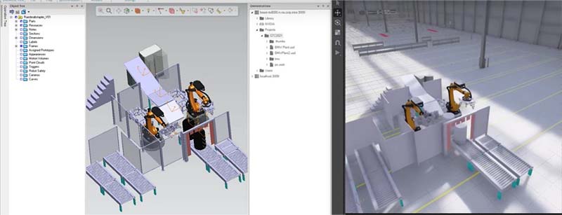 Figure 1: Process Simulate 3D environment (on the left) imported on Omniverse (on the right)