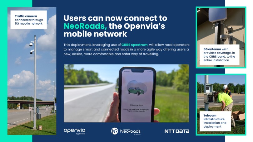 Smartphone already registered in the NeoRoads 5G network deployed on Pocahontas Parkway, which telecom infrastructure elements and installation are also depicted.