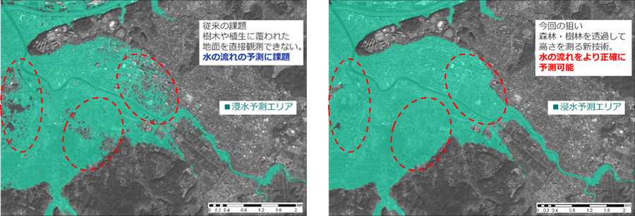 図2：研究開発成果のイメージ図 ©NTTデータ（左：地表面高さモデルに基づく浸水予測エリア、右：地盤面高さモデルに基づく浸水予測エリア）