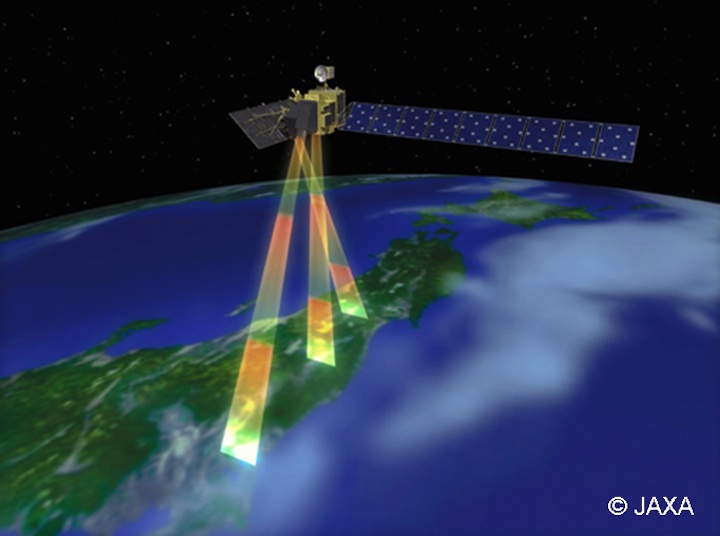3方向を同時に撮影できる日本の人工衛星「だいち（ALOS)」のイメージ画像（提供：JAXA）