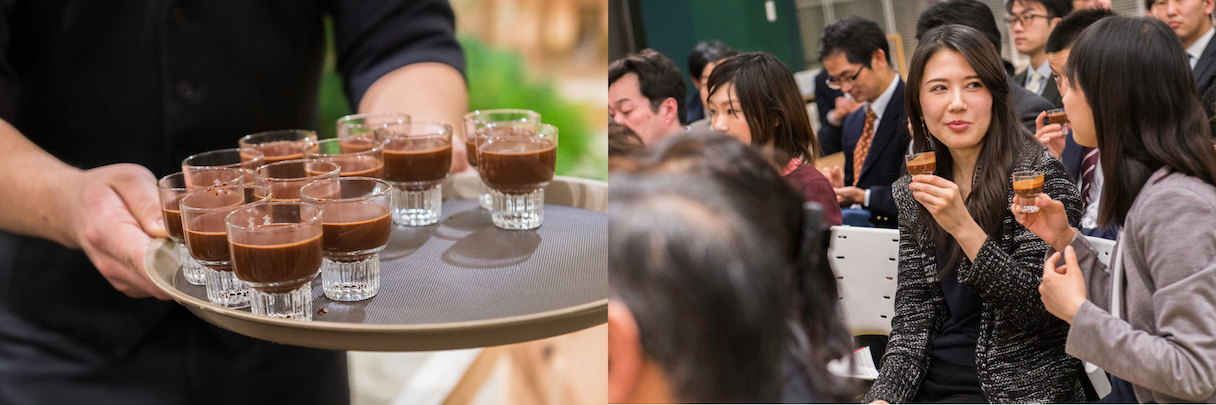 東京会場で振る舞われたホットチョコレート。八戸酒造の日本酒とイタリアのチョコが使われている