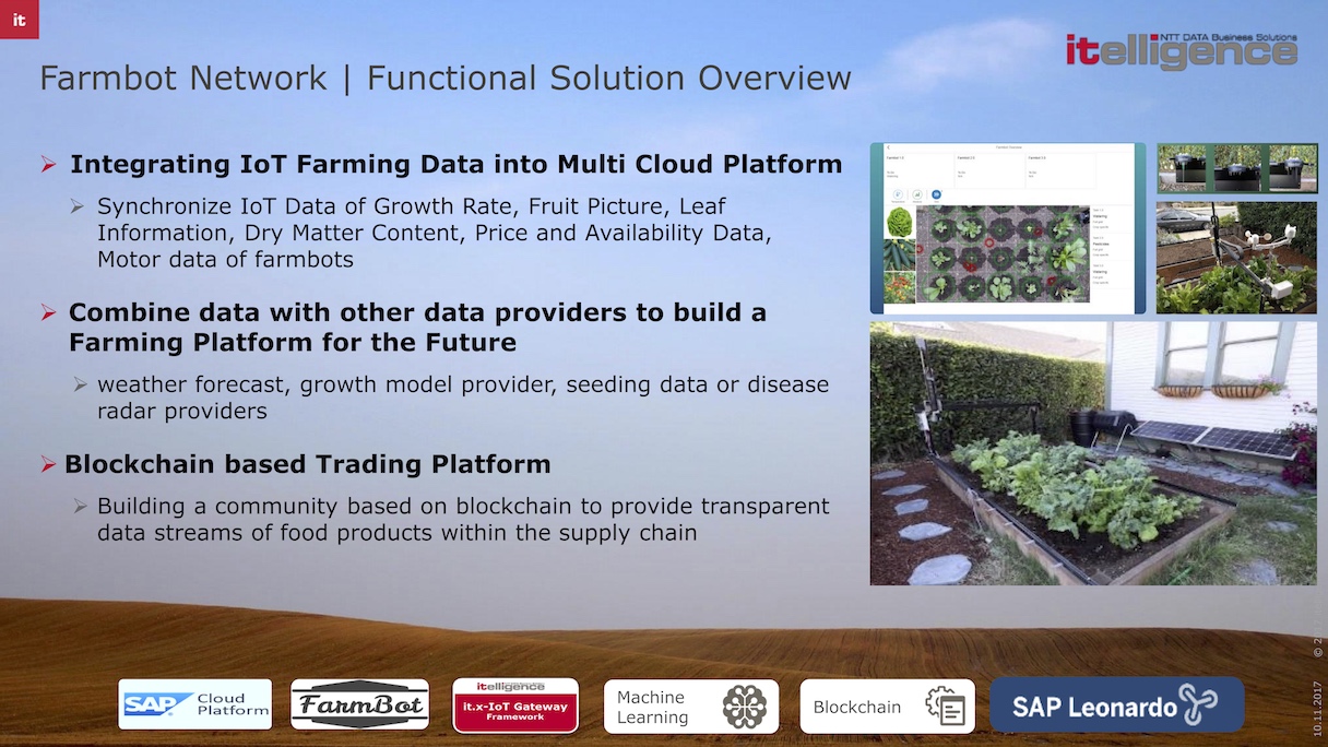 優勝に輝いたitelligence（ドイツ）の「Farmbot」。農業データを収集し、クラウド上にプラットフォームを構築。生産、収穫、管理などの取引はブロックチェーンを活用した、未来の農業プラットフォームを提案
