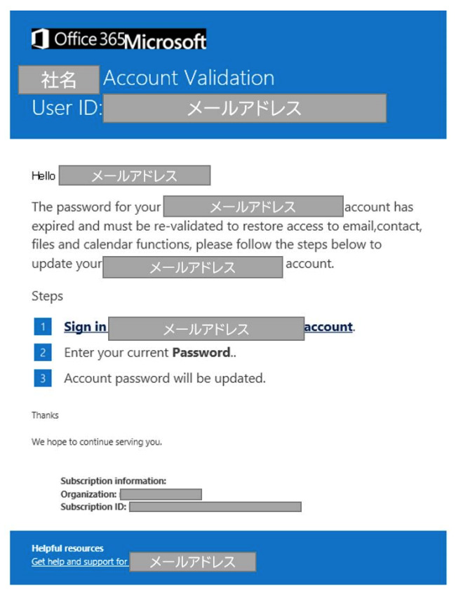 図2：Office365アカウントのパスワードの有効期限切れを偽装したフィッシングメールの例（NTTデータ グローバルセキュリティ動向四半期レポート（2019年度第3四半期）「2.1.2. OAuthフィッシングキャンペーン」より引用）