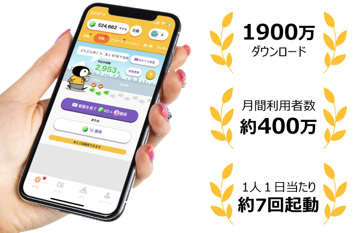 トリマイメージ図。1900マンダウンロード。月間利用者数約400万。1人1日当たり約7回起動。