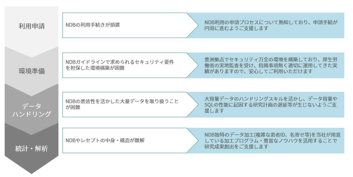 【NDBの利用の流れ】利用申請、環境準備、データハンドリング、統計・解析