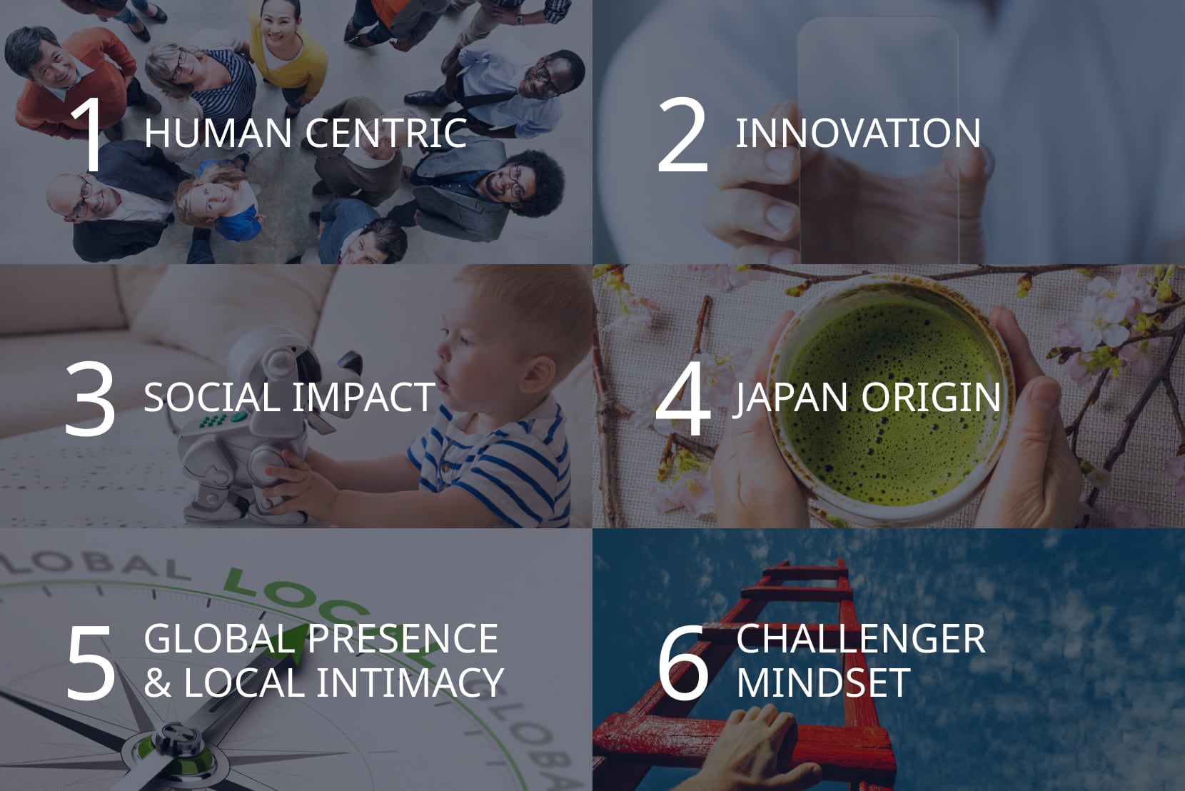 1. Human Centric, 2. Innovation, 3. Social Impact, 4. Japan Origin, 5. Global Presence & Local Intimacy, 6. Challenger Mindset